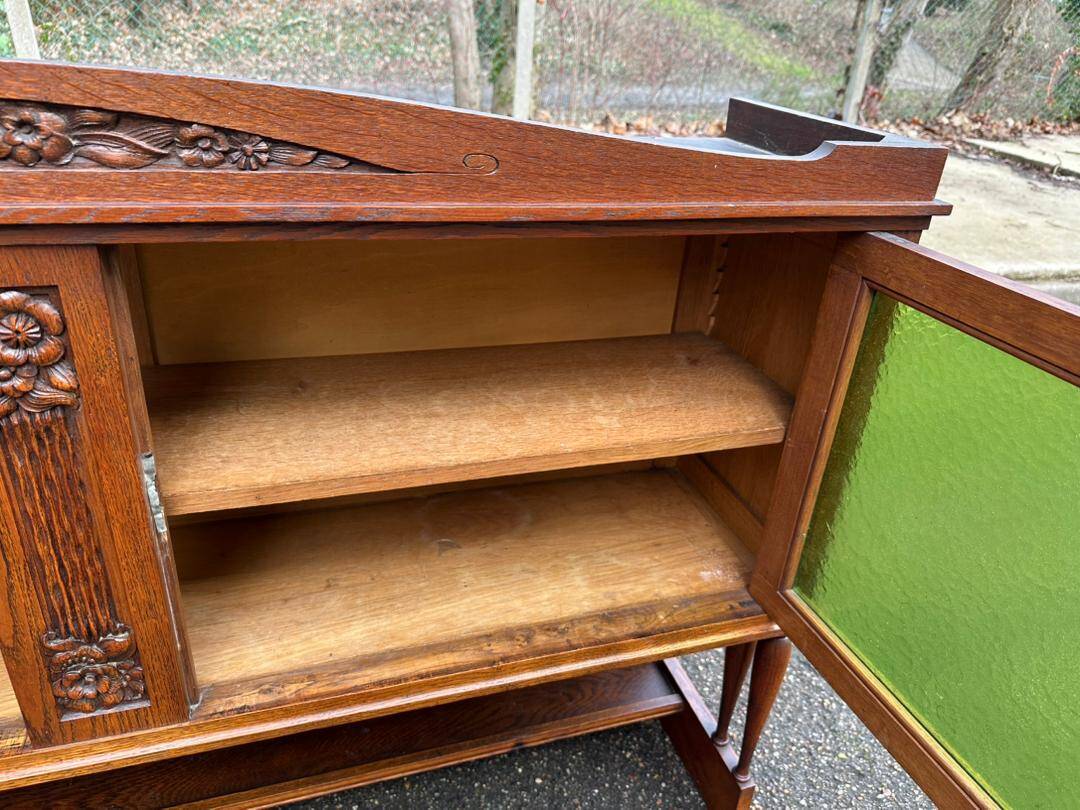 Art Deco sideboard in solid oak and frosted green glass, 1940.
