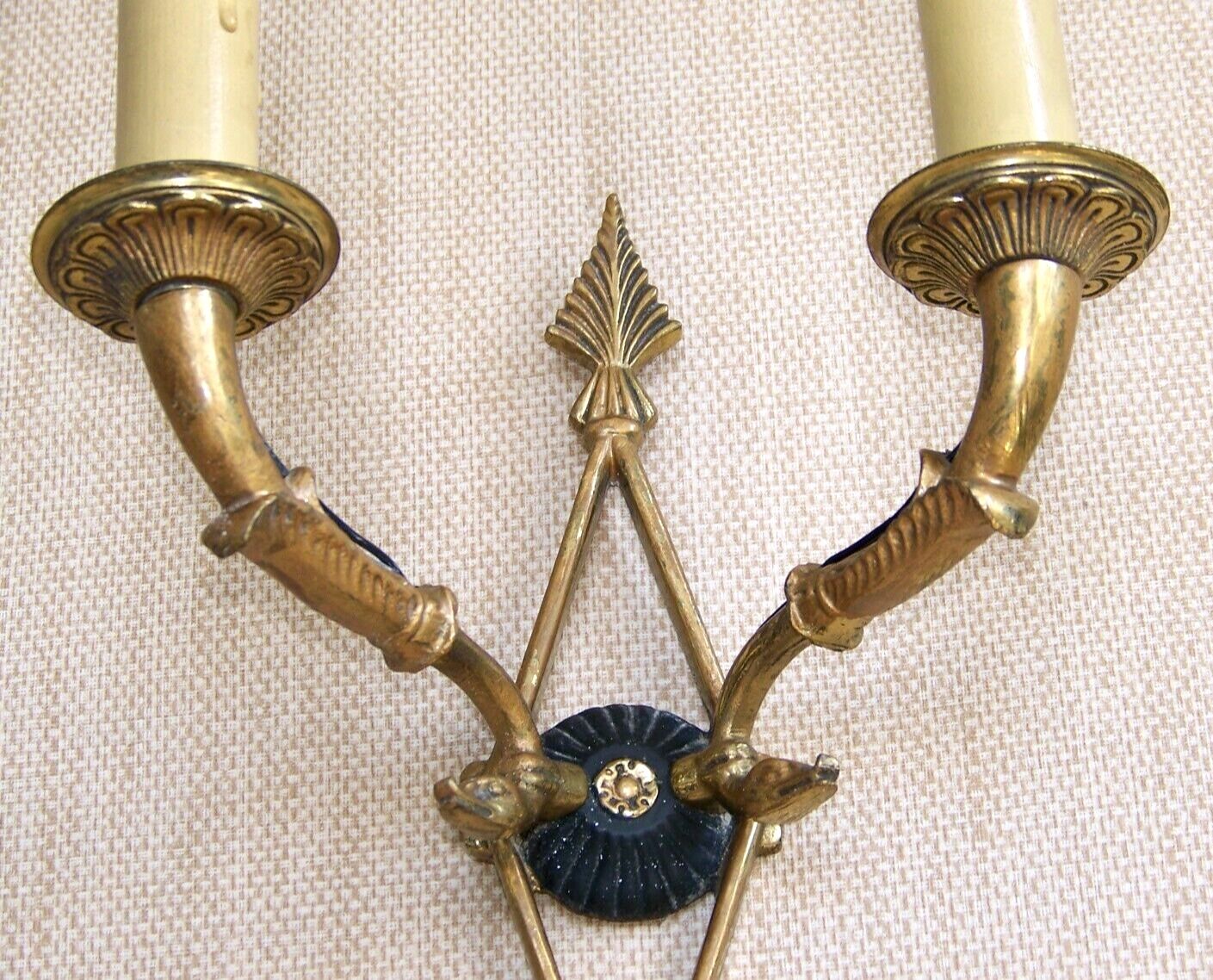 French antique bronze double Empire wall sconce with arrow and swan detail 4317.