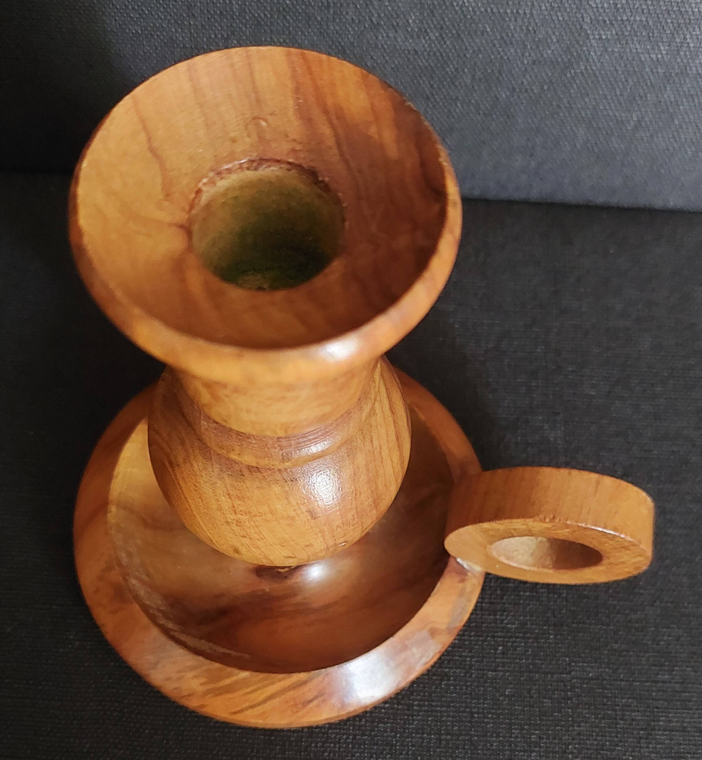Vintage olive wood hand candle holder Oliv art made in Spain