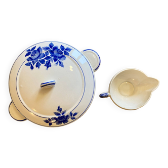 Lot saucière et soupière vintage décors de fleurs bleues