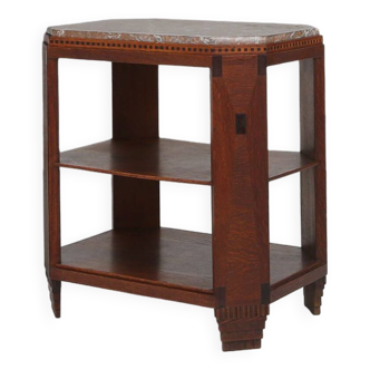 French Art Deco side table in wood with inlay and red marble top, ca. 1940