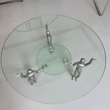 80s design glass and metal coffee table with vintage metal characters