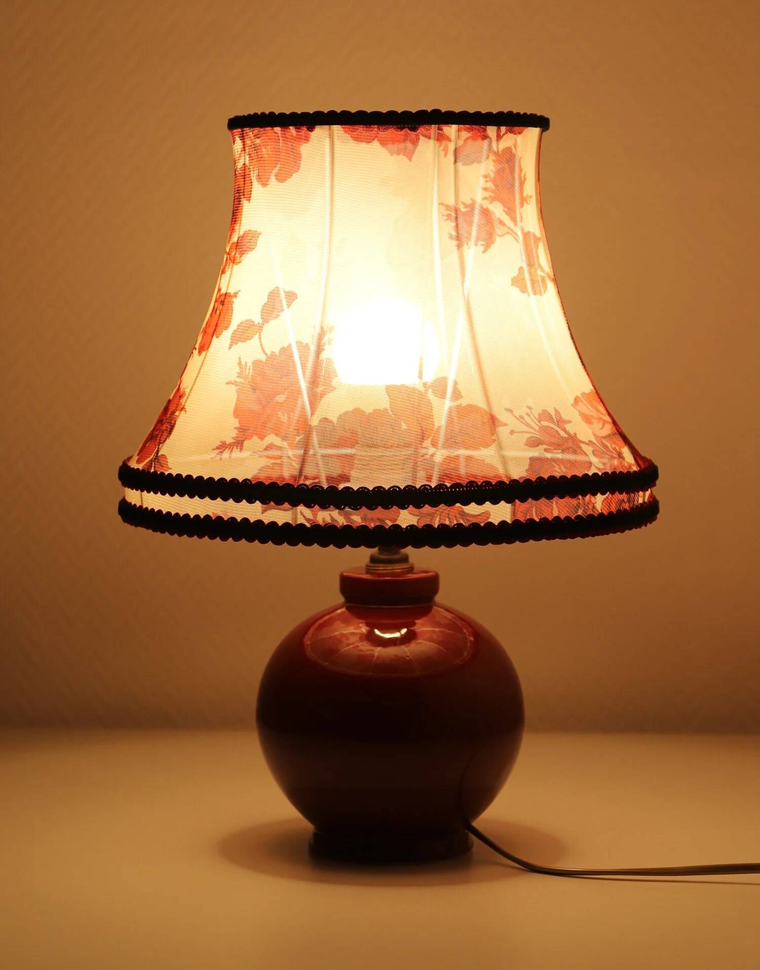 Recycled vintage lamp — burgundy ceramic base, floral voile shade