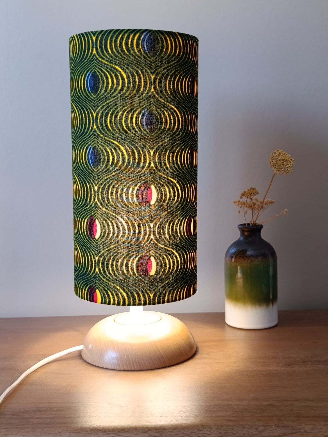 solid wood Scandinavian base lamp, hypnotic printed lampshade