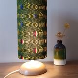 solid wood Scandinavian base lamp, hypnotic printed lampshade