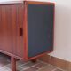 Teak enfilade, sliding doors, black faux leather top, 1970s.