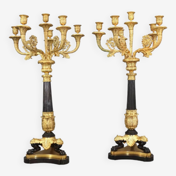 Pair of Empire candelabra candlesticks in gilded & patinated bronze, 19th century