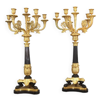 Pair of Empire candelabra candlesticks in gilded & patinated bronze, 19th century