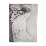 Charcoal drawing representing a young woman. Carbon paint.