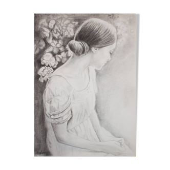 Dessin au fusain représentant une jeune femme. Peinture au carbone.