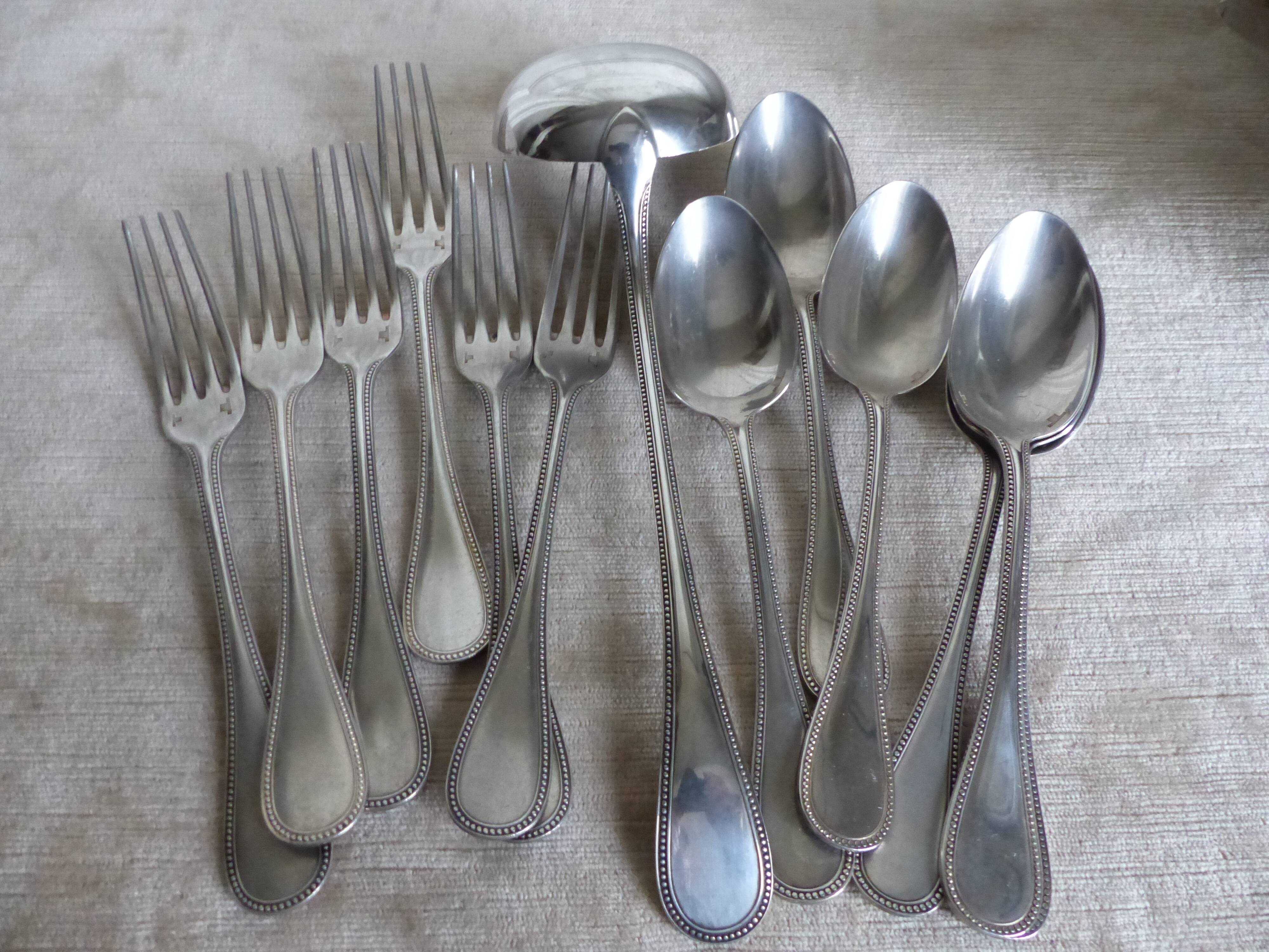 Six spoons, six forks, a ladle Christofle beaded style