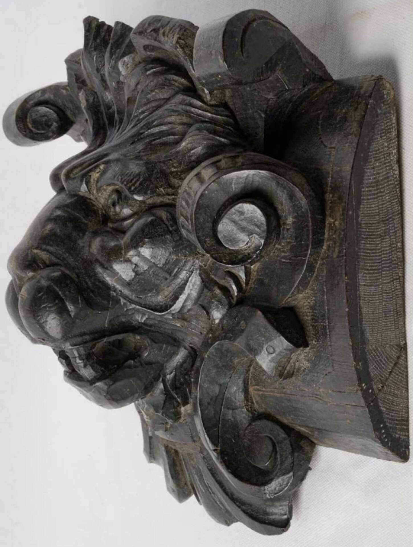Sculpture de tête de lion en bois teinté