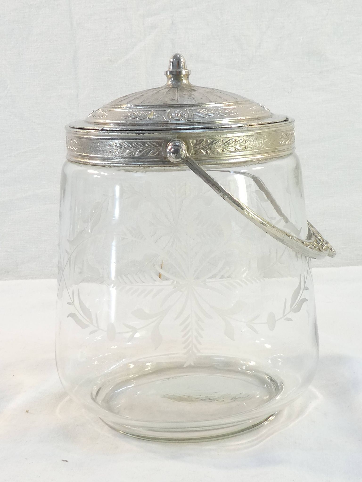 1900 glass cookie bucket engraved silver metal frame
