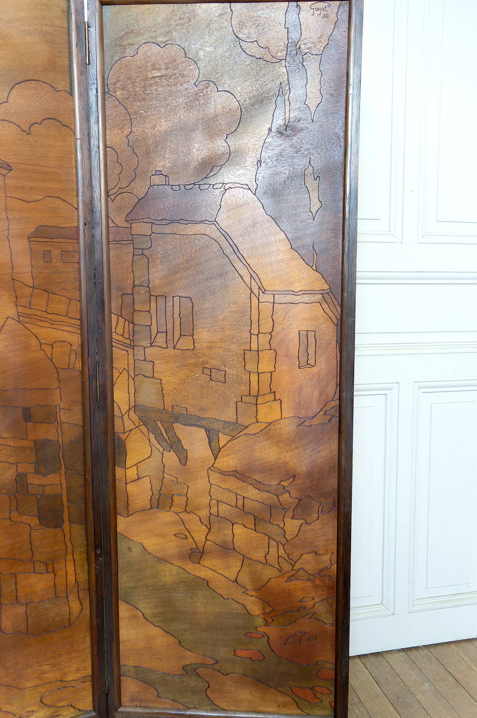 Pyrographed Screen, Mediterranean Medieval Town, Art Nouveau/Deco, 1930