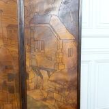 Pyrographed Screen, Mediterranean Medieval Town, Art Nouveau/Deco, 1930