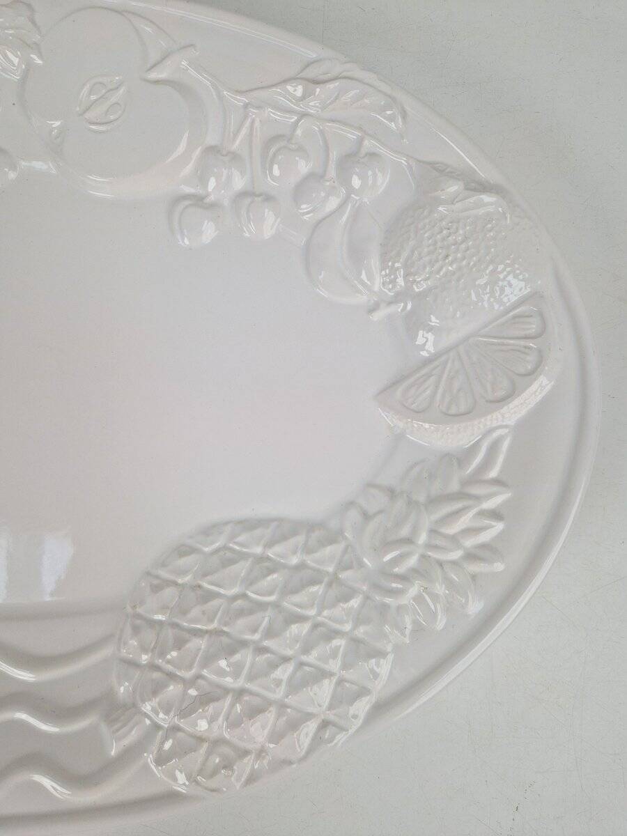 Vintage Large White Majolica Serving Bowl with Relief Fruits by A. Santos, Portugal, 1970s