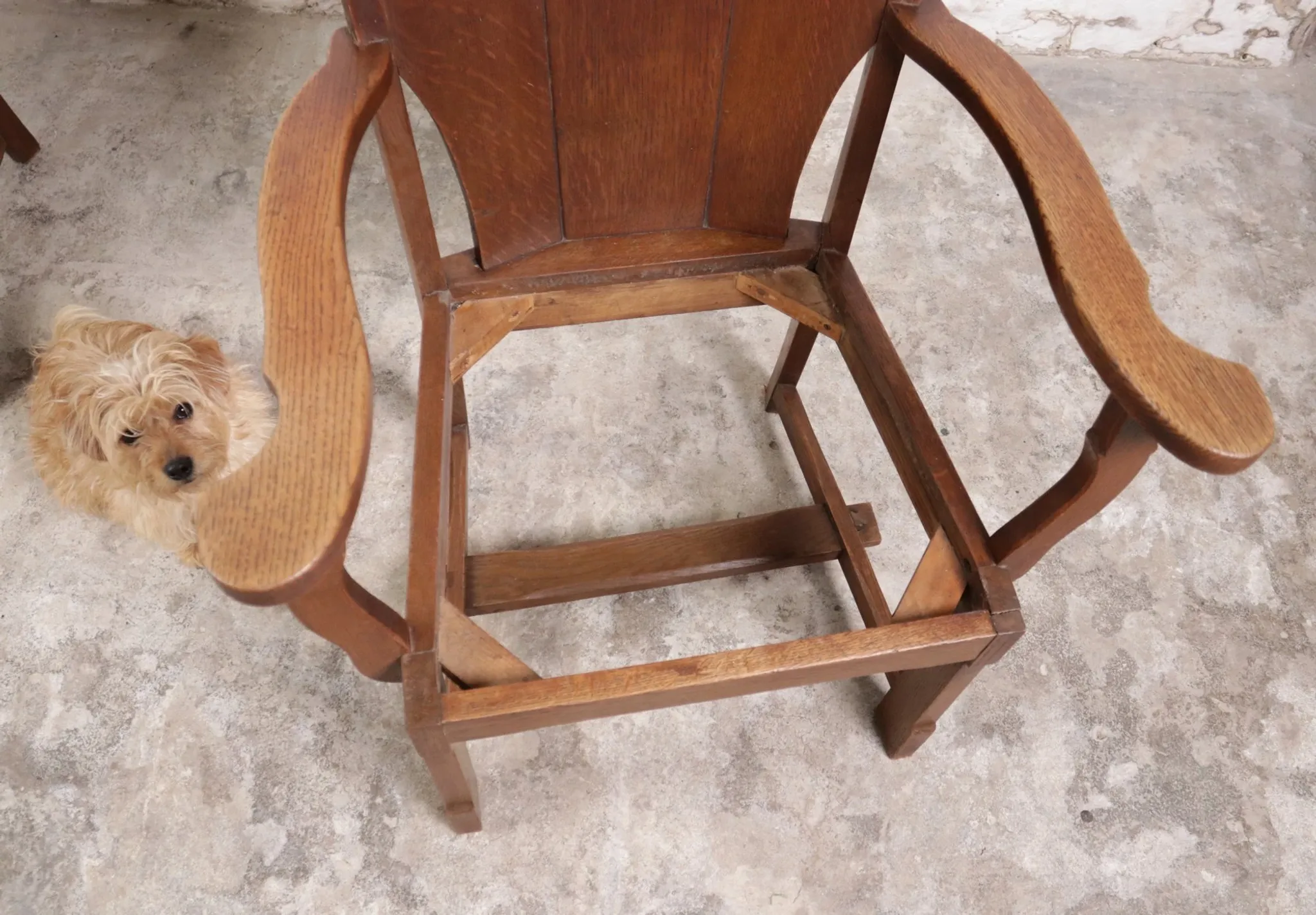 Pair of brutalist oak lounge chairs with rush seats – Netherlands
