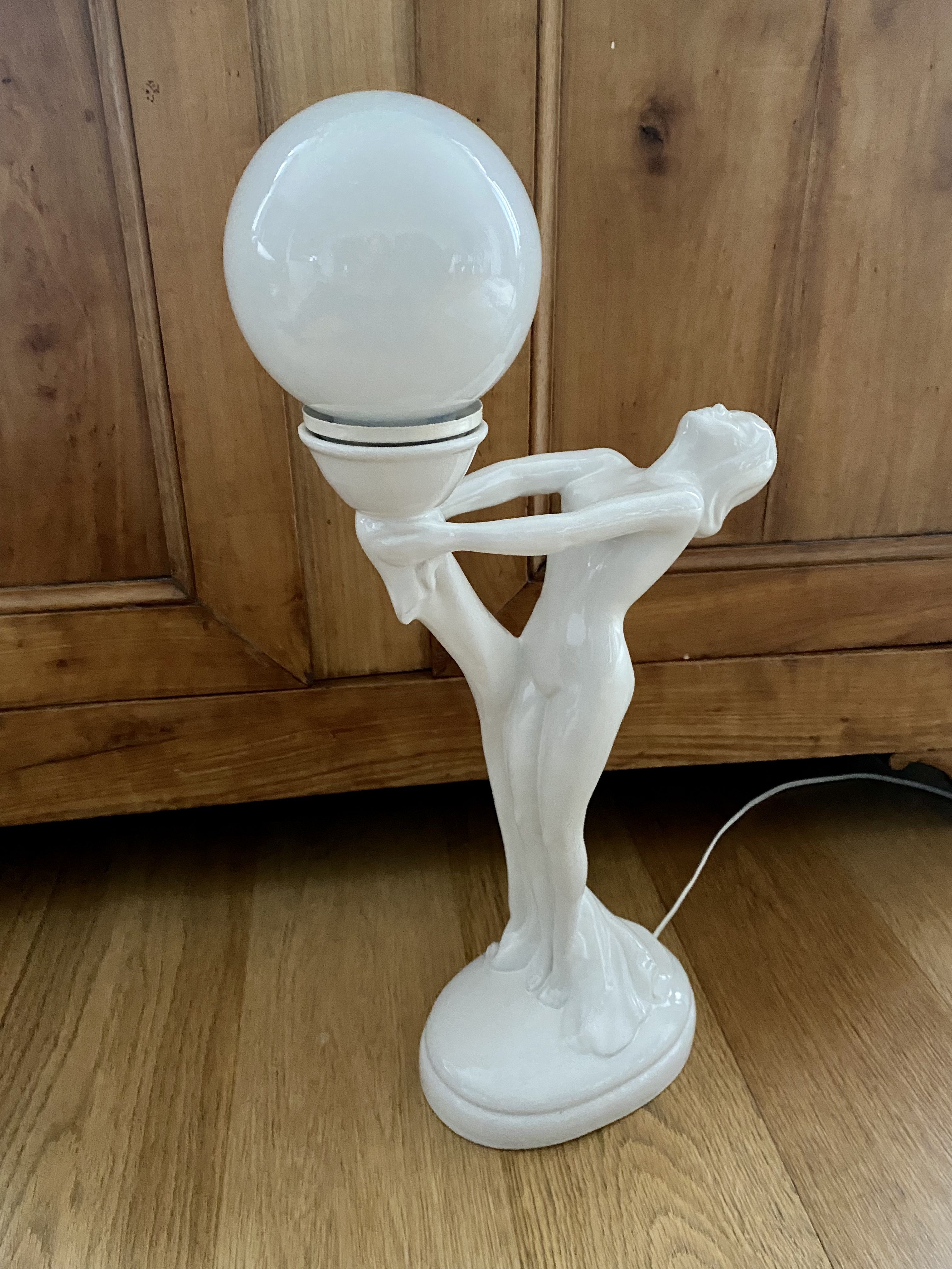 White ceramic lamp and opaline globe woman art deco art nouveau