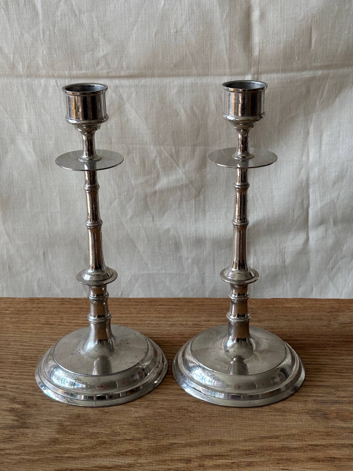 Silver-plated metal candlesticks imitating bamboo, 1960