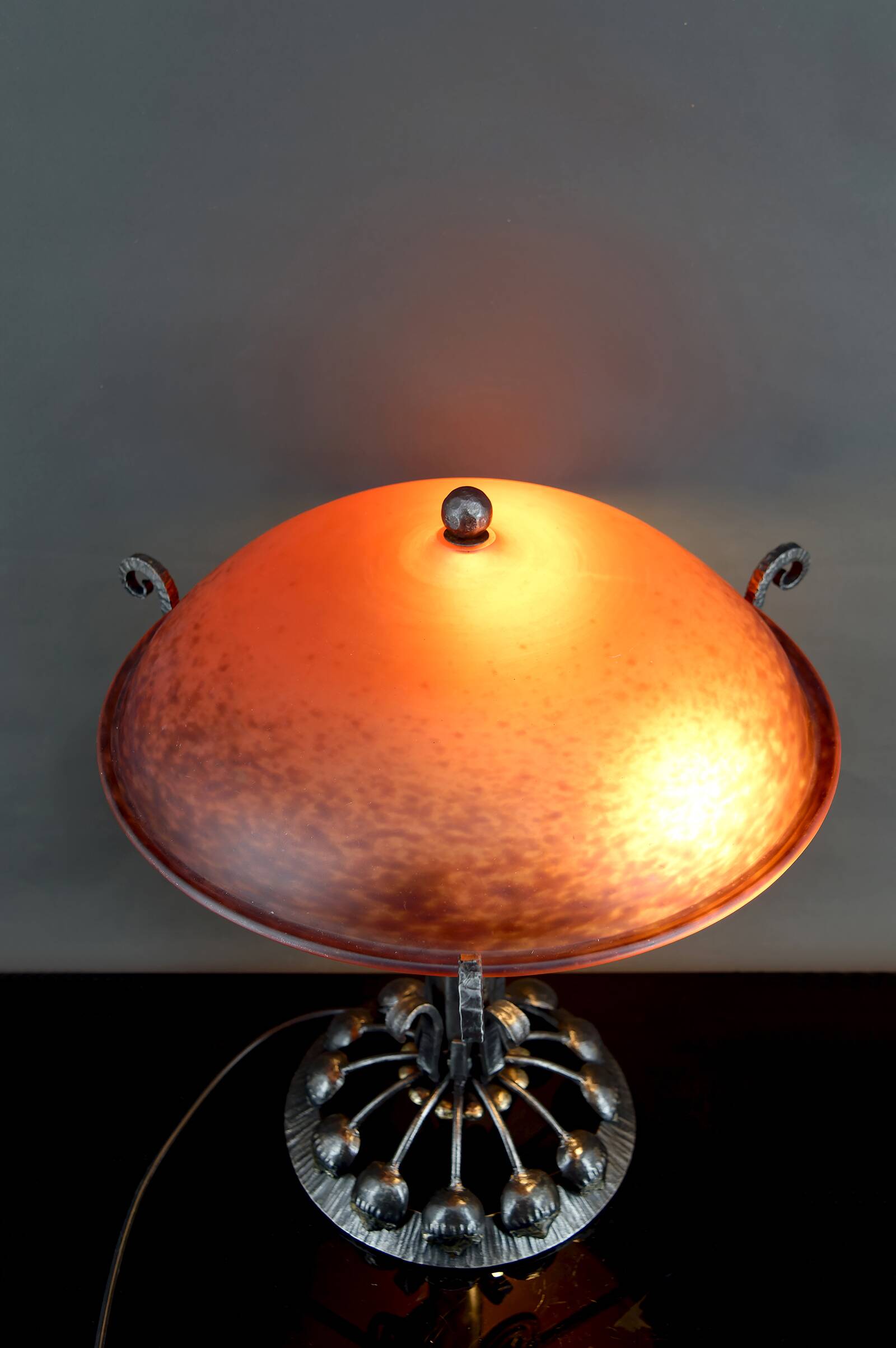 Important Stylized Wrought Iron Lamp with Glass Dome, c. 1930