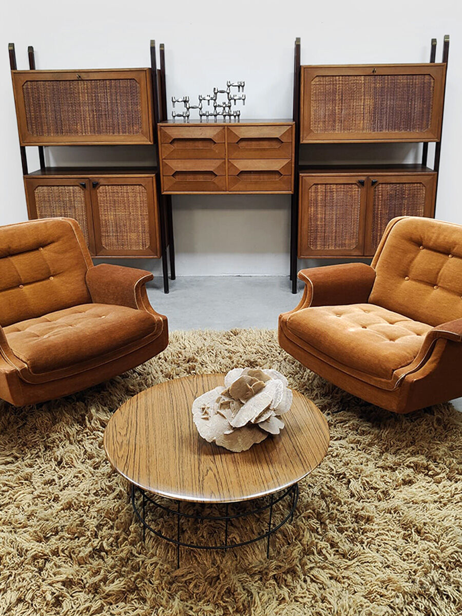 Rare Italian midcentury design modular teak webbing wall unit cabinet