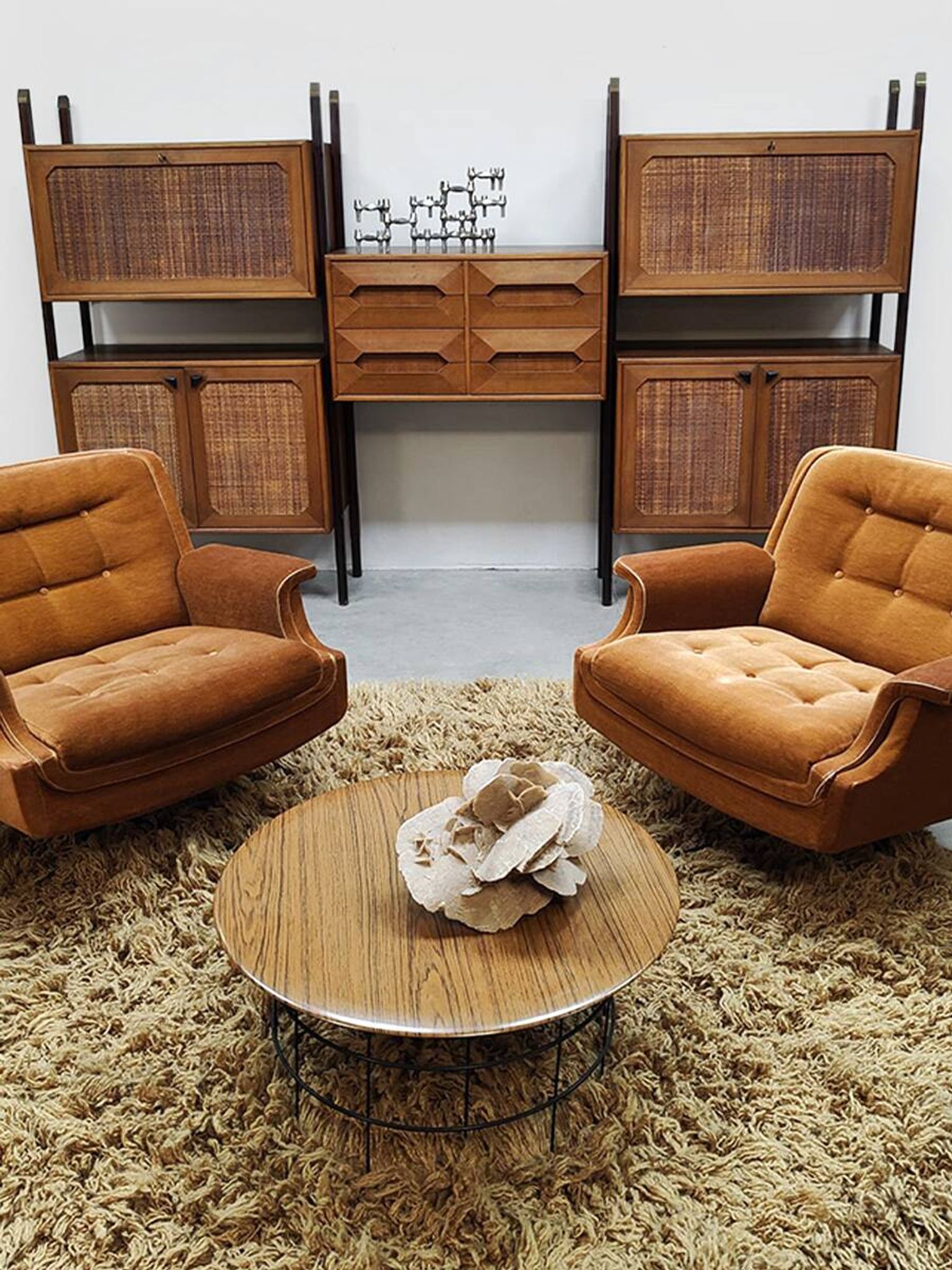 Rare Italian midcentury design modular teak webbing wall unit cabinet