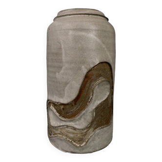 Vase signé en céramique grès terre vernissée 1960 fond gris