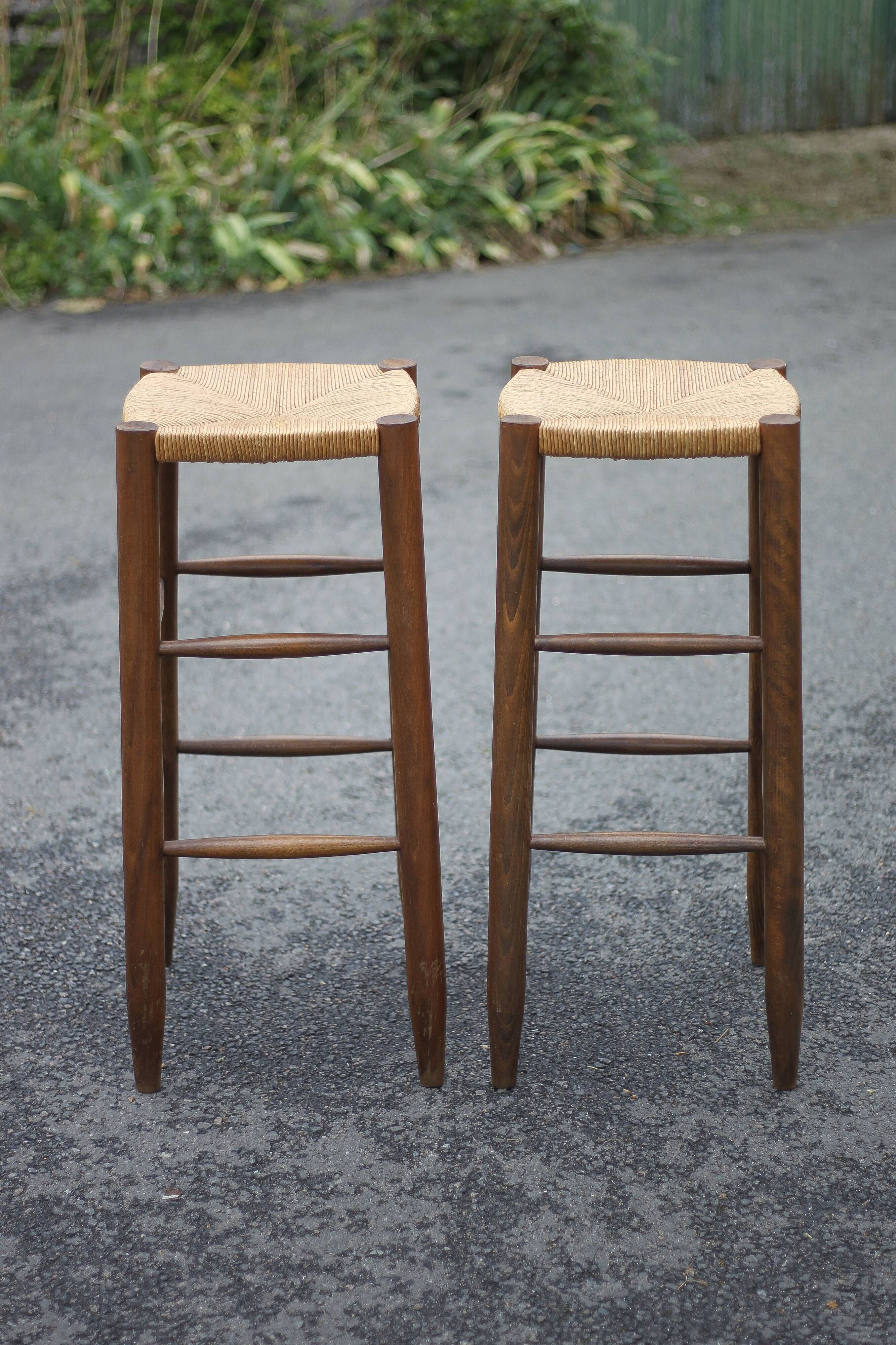 Pair of bar stools, wooden and straw stool, vintage bar stool, vintage stool, decoration