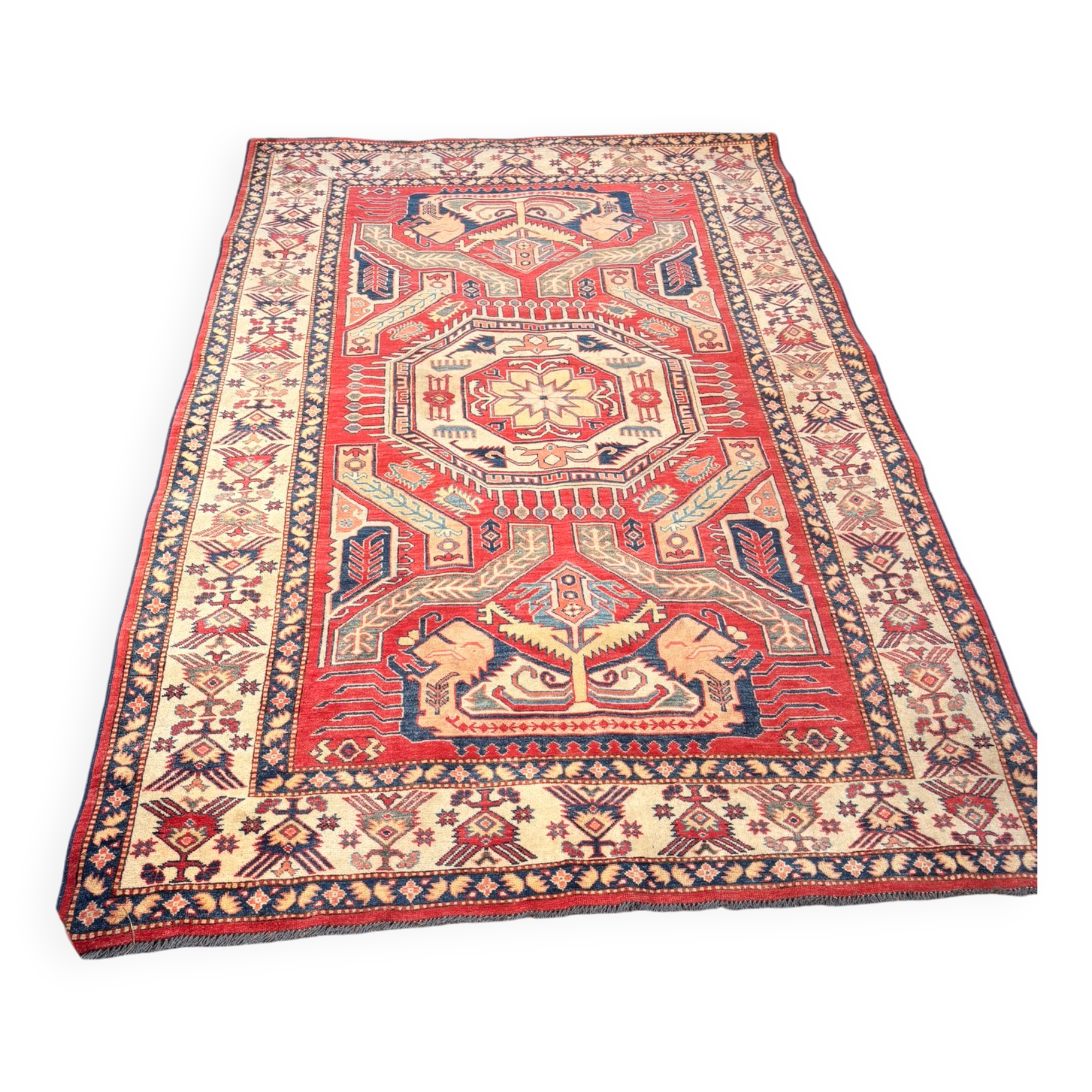 Antique Caucasian Shirvan carpet from the late 19th century, handmade wool, 183x275cm.