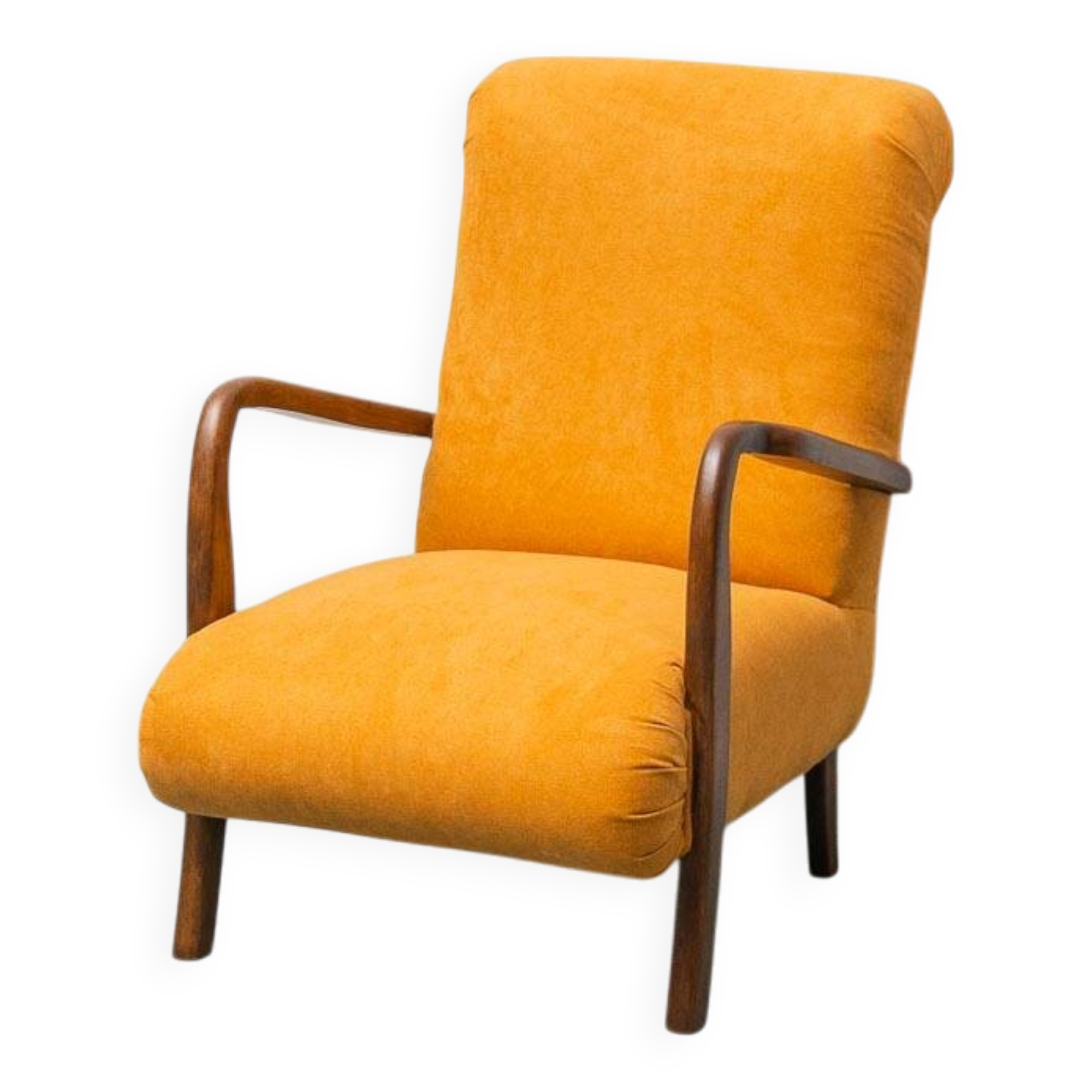Scandinavian vintage armchair in orange fabric and wood, 1960s modernism