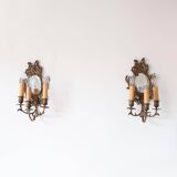 Pair of old French wall lights with beveled mirror and putti