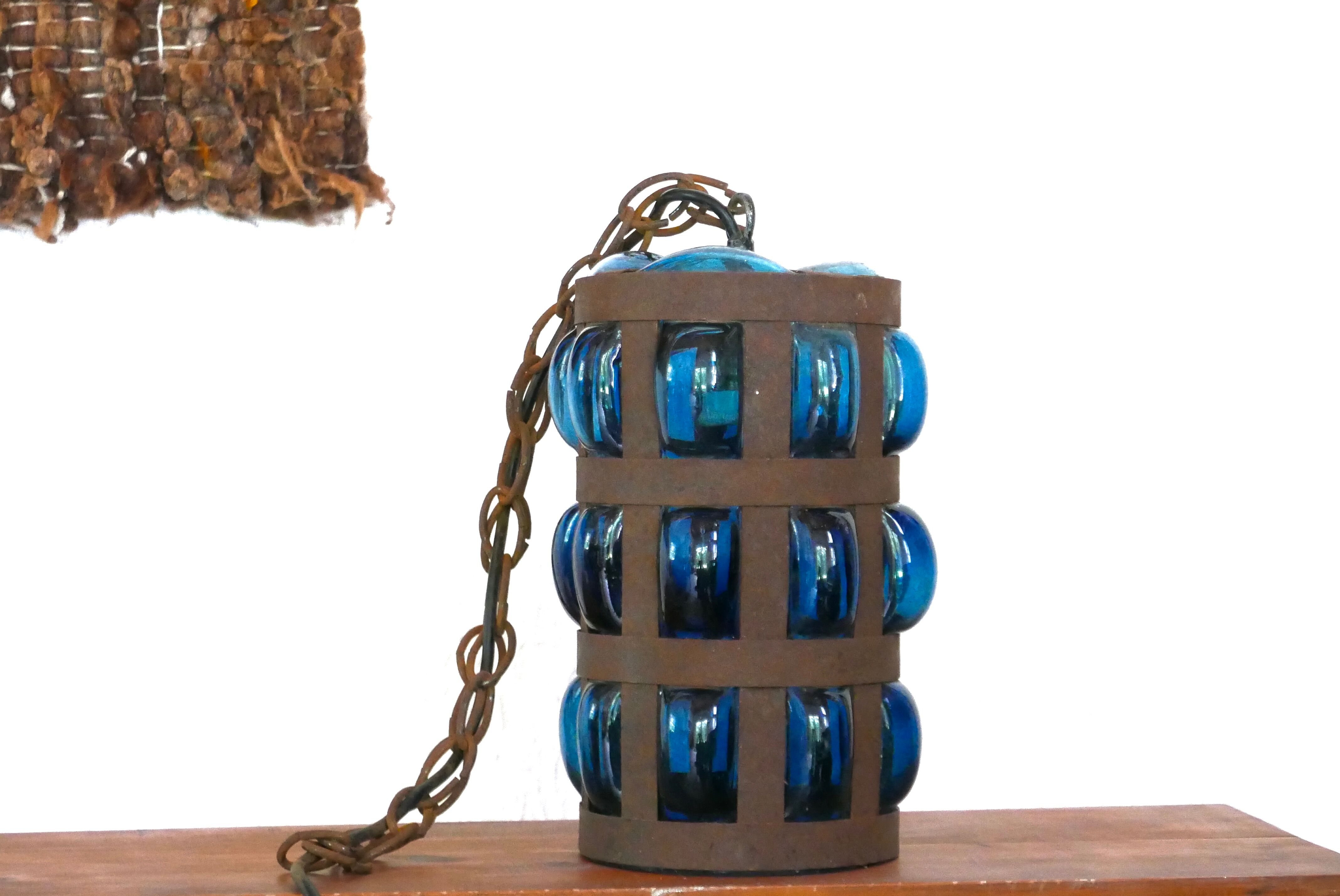 Blue blown glass and metal pendant light, 1970s
