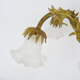 Old bronze chandelier with glass tulips with 7 fires. Nineteenth chandelier