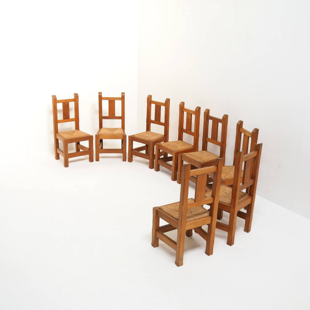 Set of Eight Handmade Solid Oak Chairs, 1970s