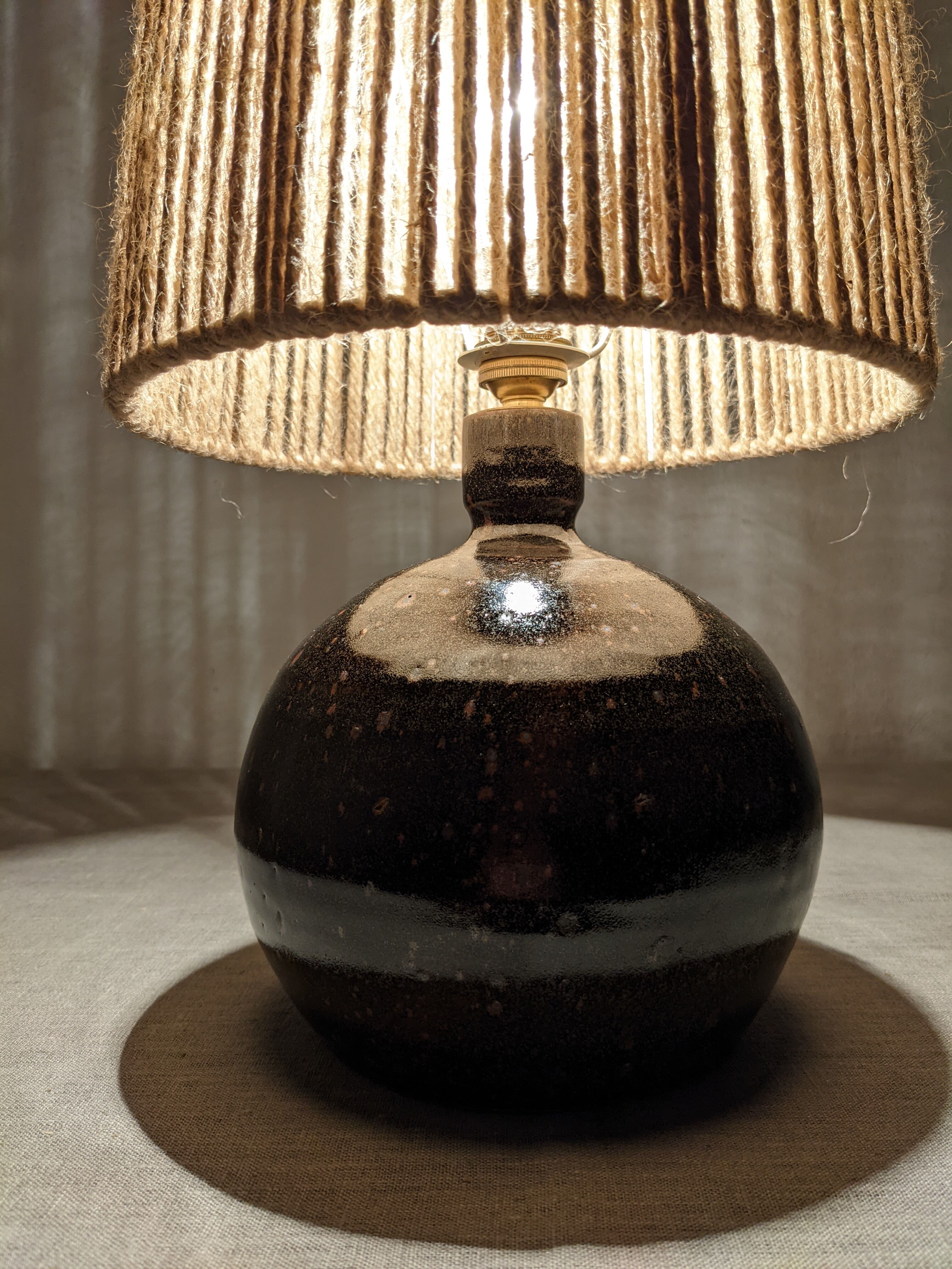 Vintage varnished stoneware lamp and jute rope