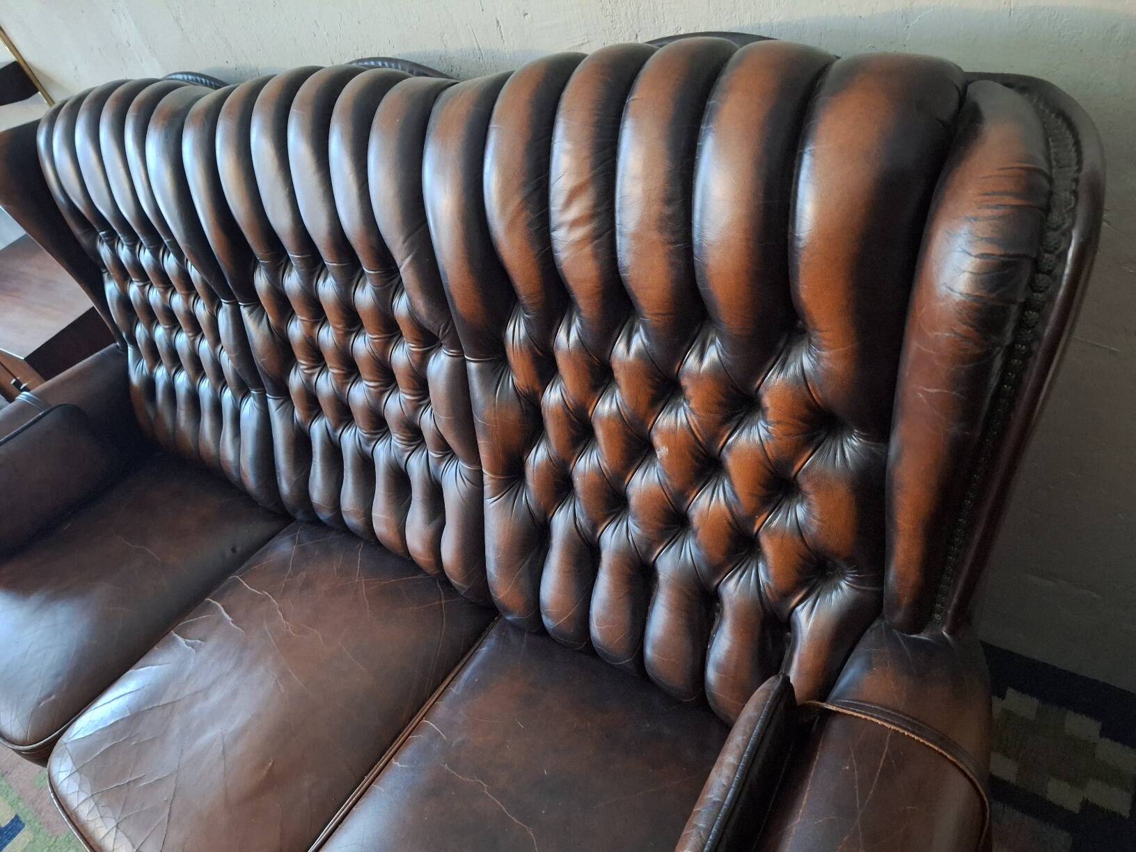 Chesterfield 3-seater chestnut coloured leather sofa
