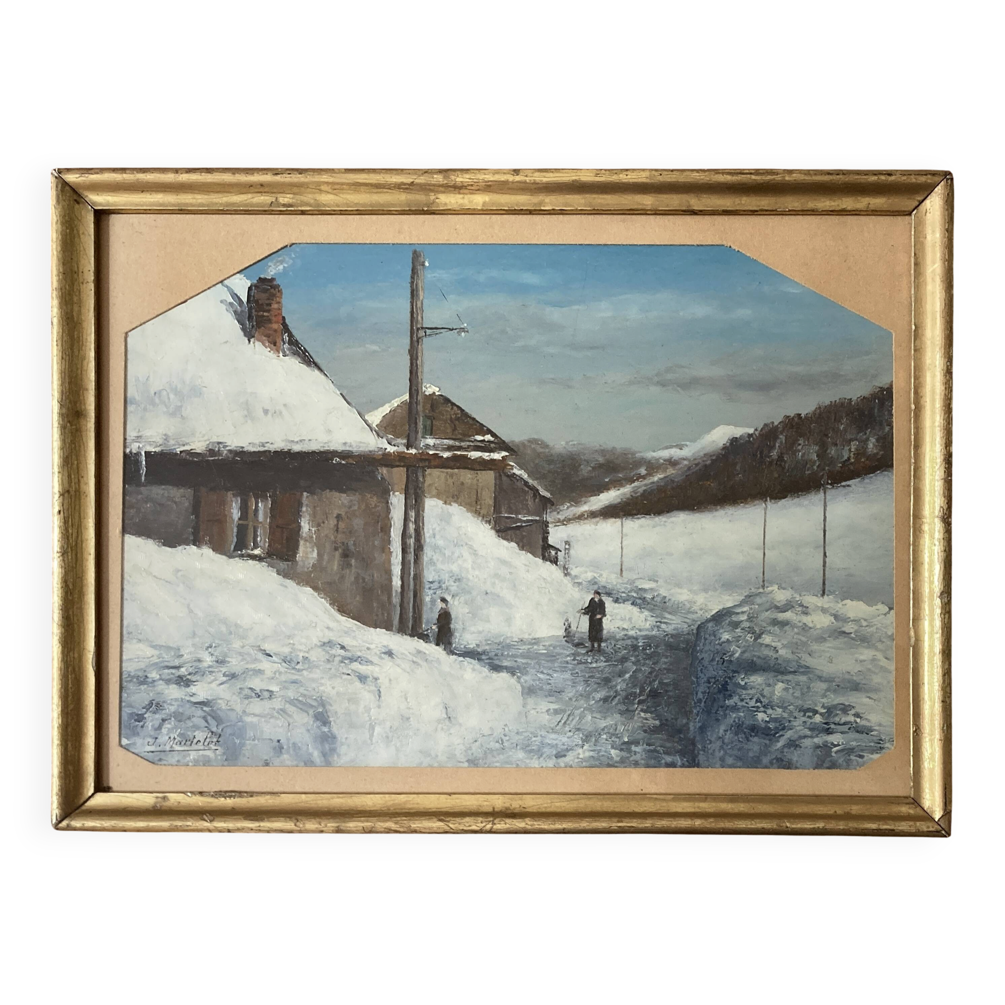 Ancient painting - Village under the snow - Montgenèvre - Hautes Alpes