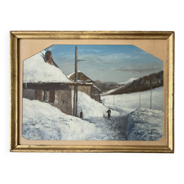 Tableau ancien - Village sous la neige - Montgenèvre - Hautes Alpes