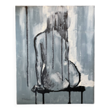 Tableau signé huile encre de chine sur toile portrait femme de dos