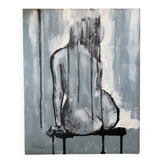 Painting signed oil ink on canvas portrait of woman from behind