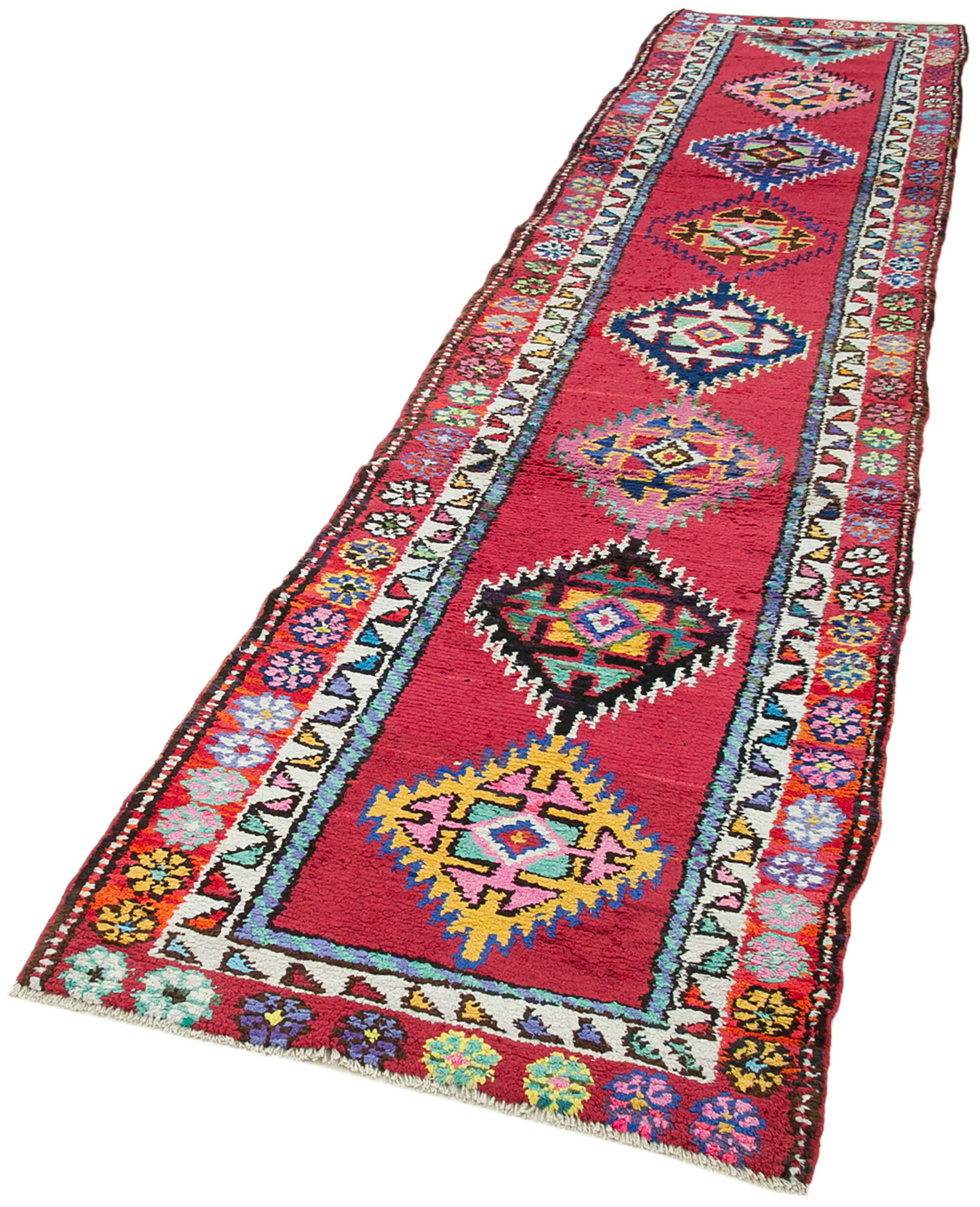 Handwoven decorative anatolian red runner carpet 87 cm x 395 cm