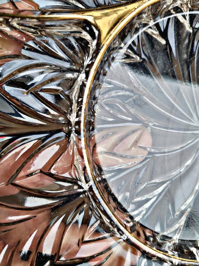 Vintage glass moulded aperitif server with handles and gilding.