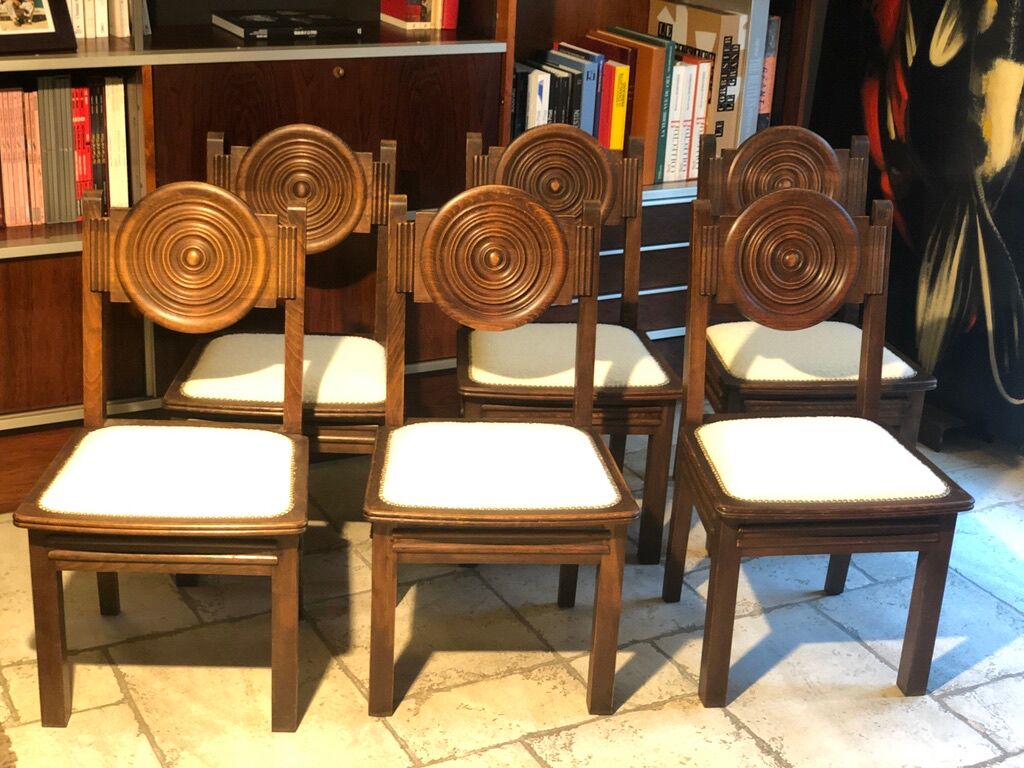 Etienne Kohlmann Art Déco chairs in oak and bouclette fabric, 1930, set of 6