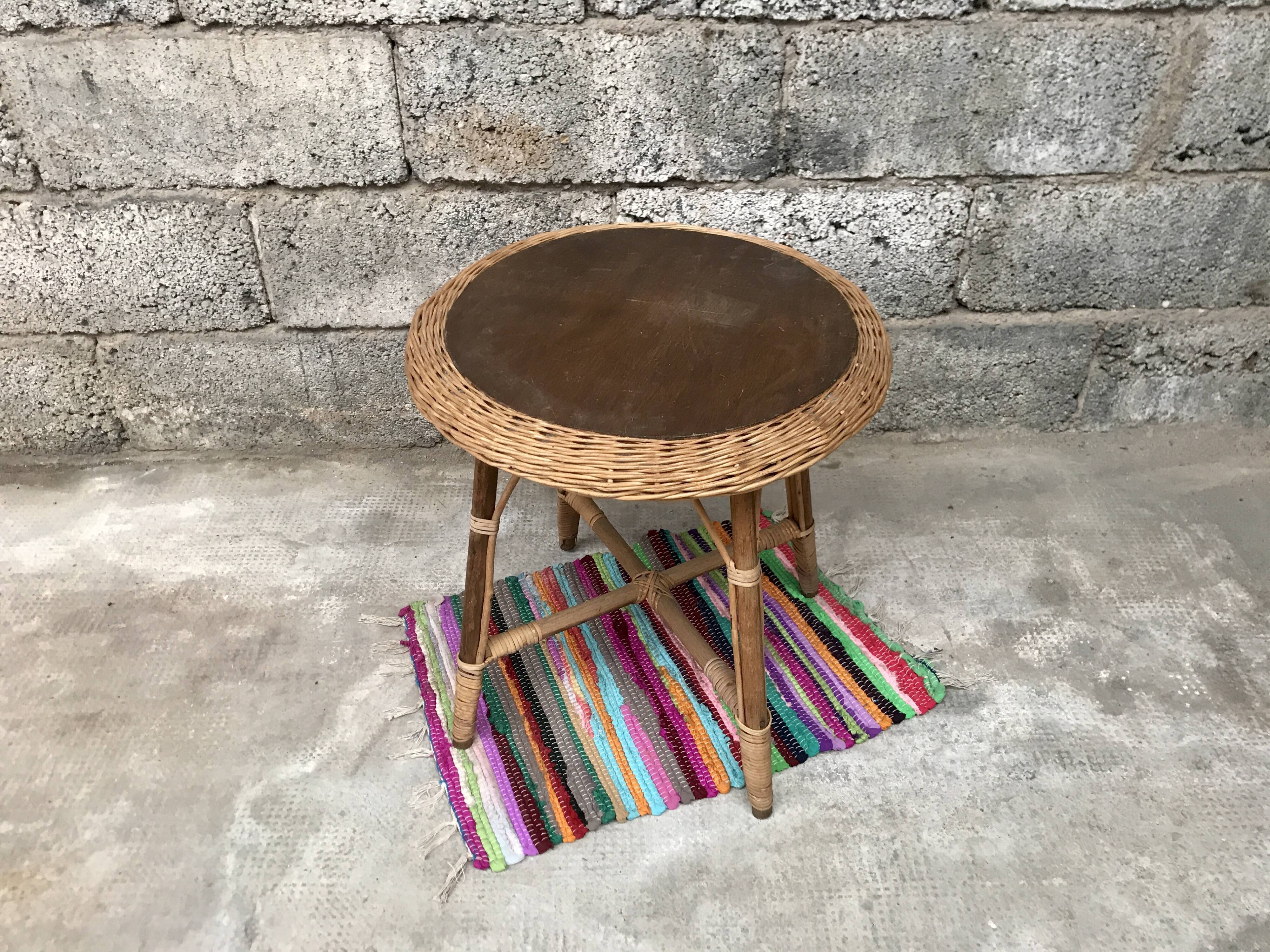 Vintage side table in bohemian old rattan wicker 1950