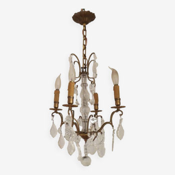 French Vintage Bronze Glass And Crystal 4 Light Chandelier 4679