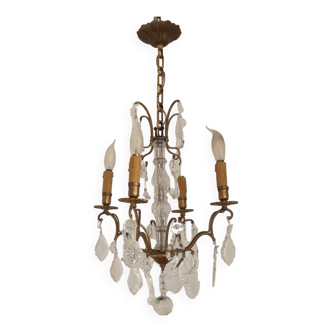 French Vintage Bronze Glass And Crystal 4 Light Chandelier 4679