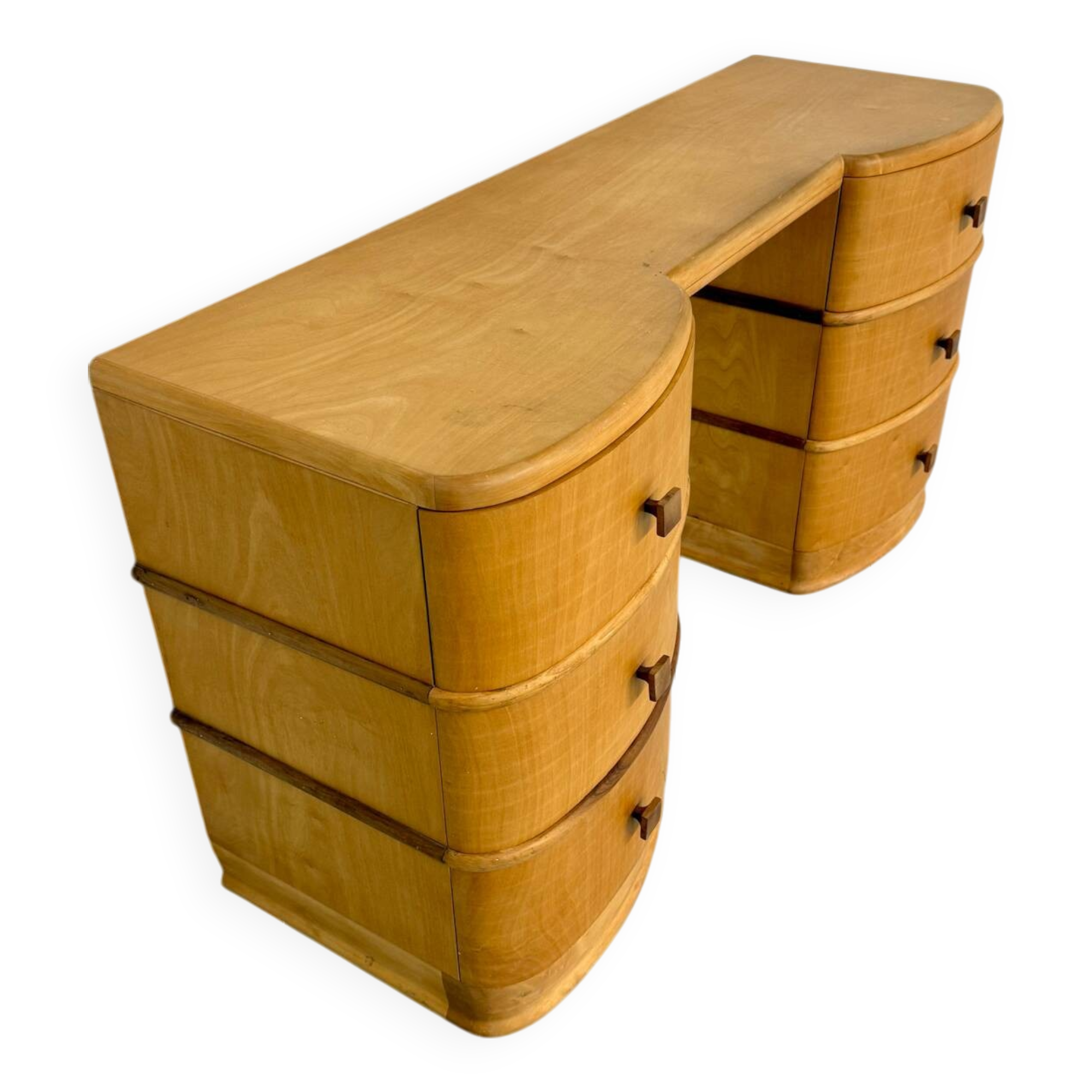 Old beech desk in art deco style with drawer, vintage 60s