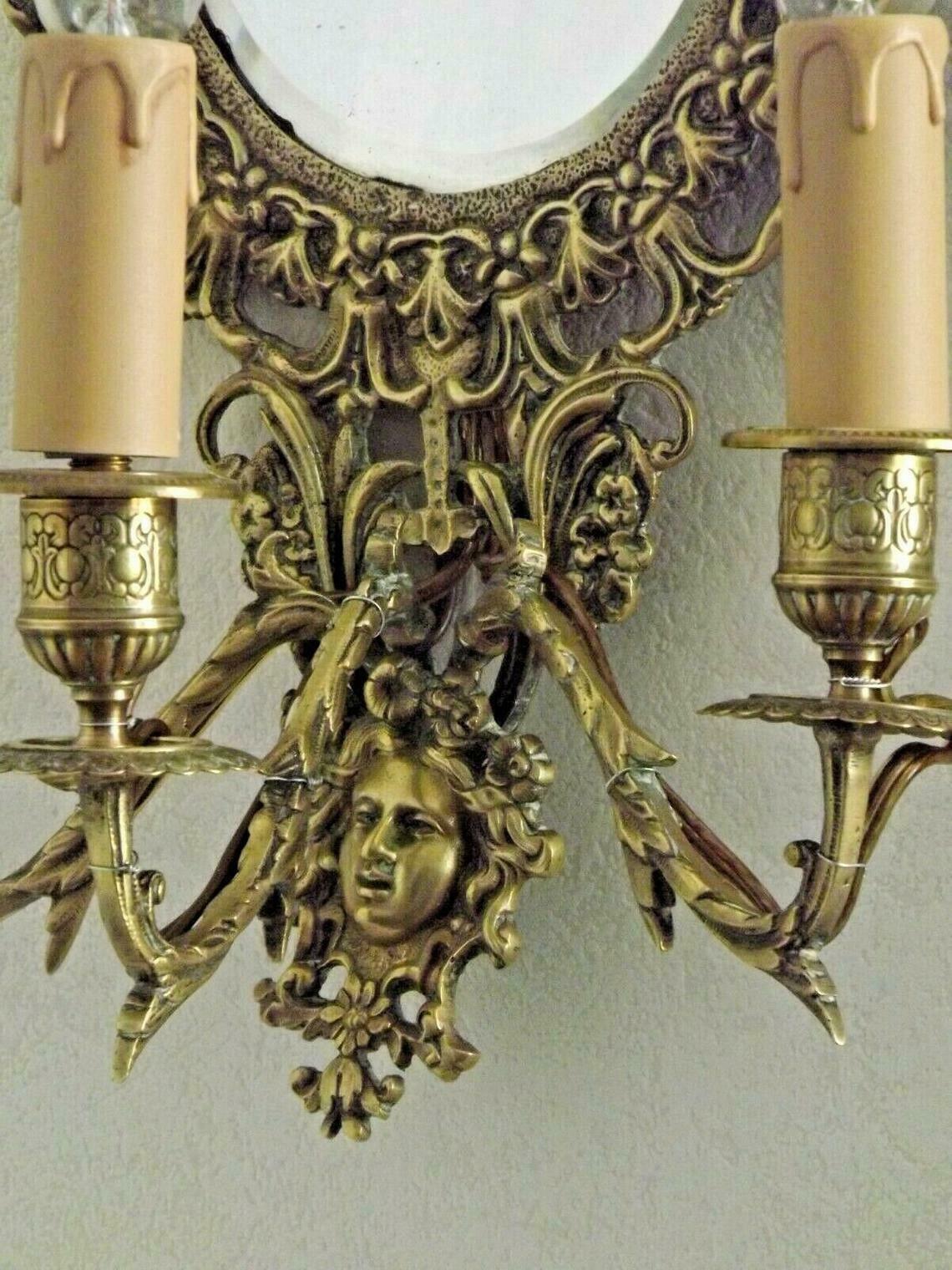 french antique Louis XlV bronze beveled mirror with 3 lights