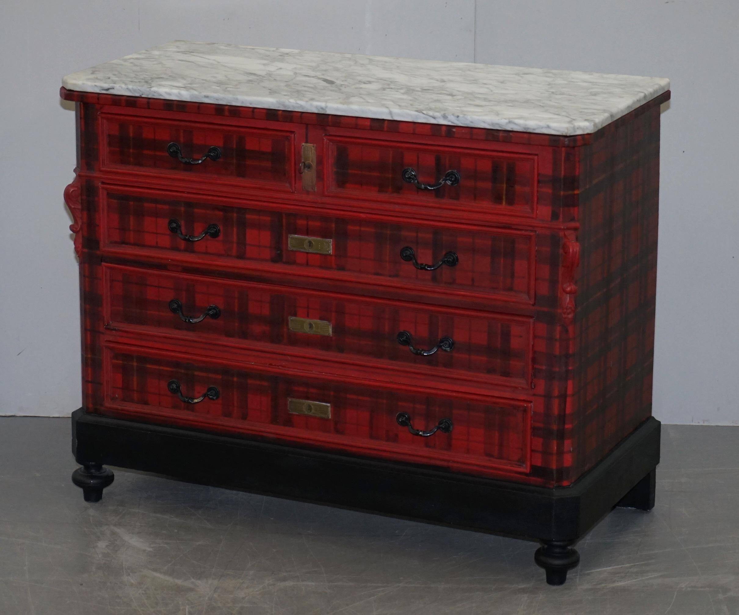 Victorian Commode with Tartan Upholstery and Marble Top