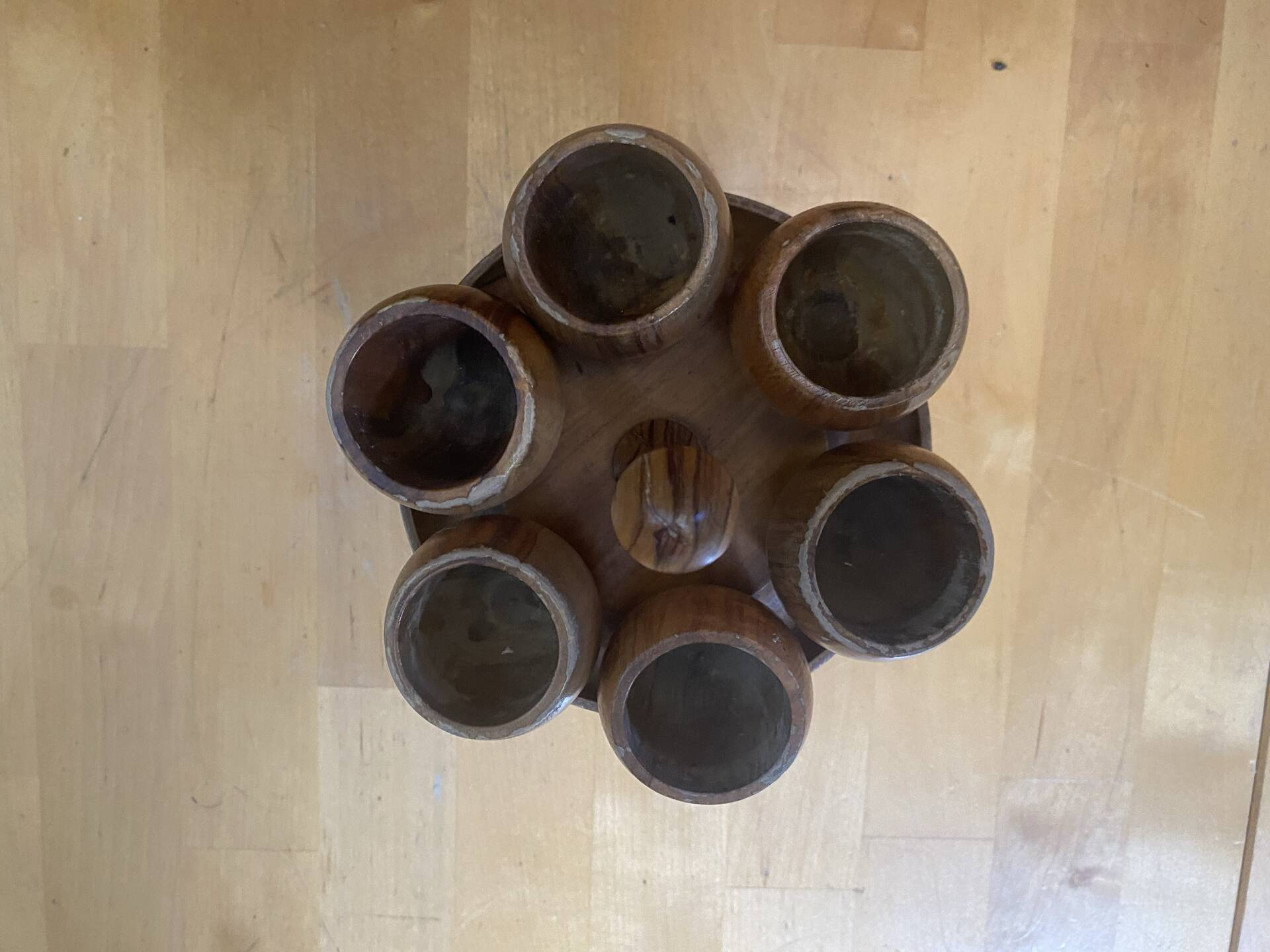 Rotating Display Stand 6 Egg Cups Olive Wood & Teak 1960s Vintage
